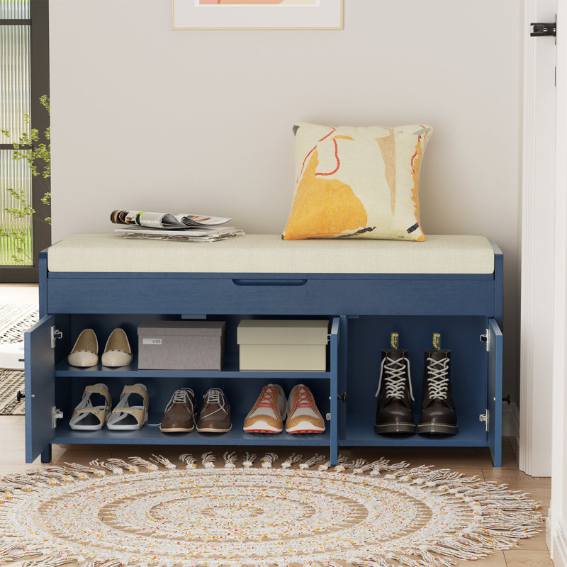 43.5" Entryway Bench with Hidden Shoe Storage and Cushion, Navy