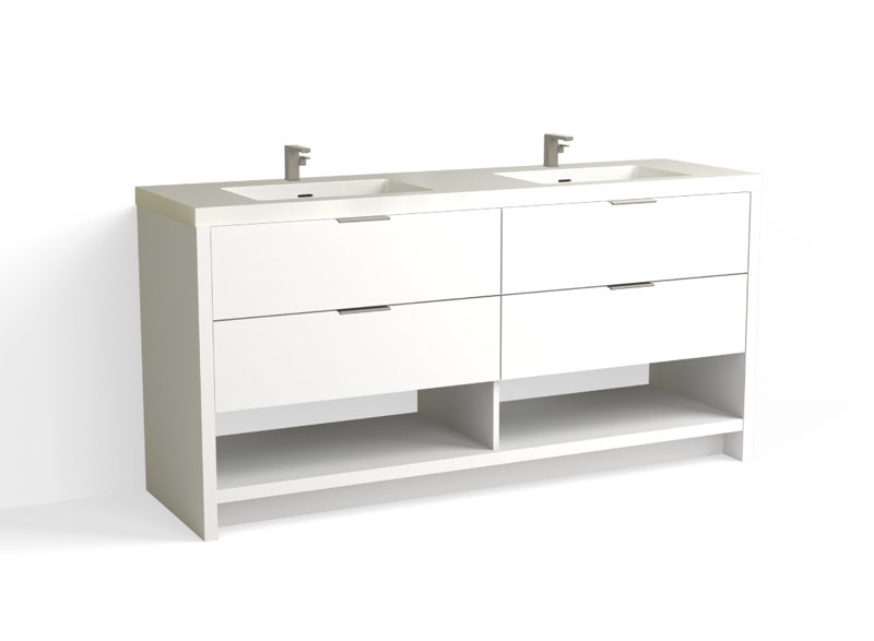 Vue 72" W Freestanding Double Bathroom Vanity, White Nanomatte, Satin Nickel, Glossy White/8" Widespread