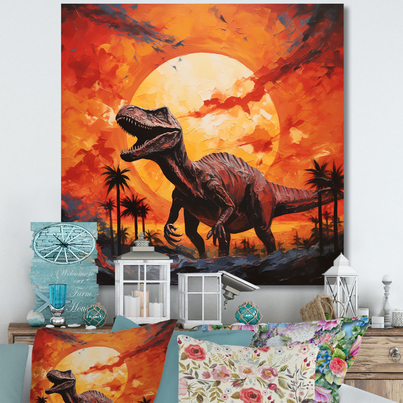 Coucher de soleil de dinosaure rouge et jaune I - art de mur de dinosaure, Toile tendue, H 16 po x l 16 po