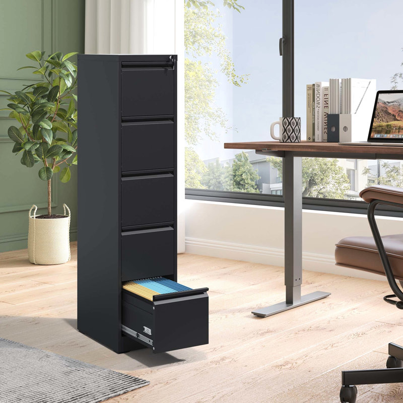 Metal Office/Home File Cabinet With Lock, 5 Drawers, Steel Construction, Tilt, Full Extension Drawers For Convenient Retrieval Modern Vertical Lockable Use, Steel, Smooth Files