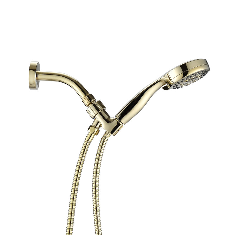 Pomme de douche haute avec 5 fonctions - eau amovible, support pivotant en cuivre fin, rond, comprend tuyau et douchette à main, poli doré, bonne résistance à la chaleur, débit réglable, fixation murale,