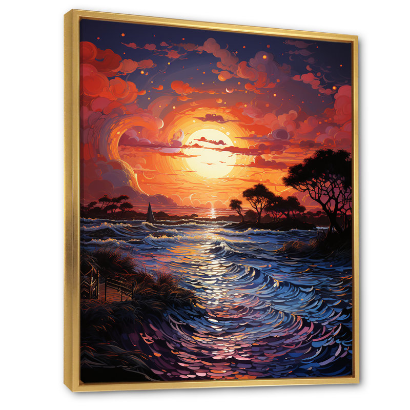 Maegann Sunset Sunset Reverie Pointillism II, H 32 po x l 24 po x P 1 po, Cadre flottant doré