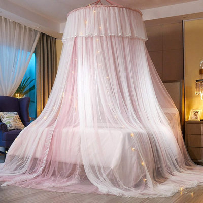 Bed Canopy,Bed Canopy Curtain Double Layer Sheer Mesh Dome Bed Curtain- Round Lace Princess Mosquito Net Tent For Twin Full Queen King Bed