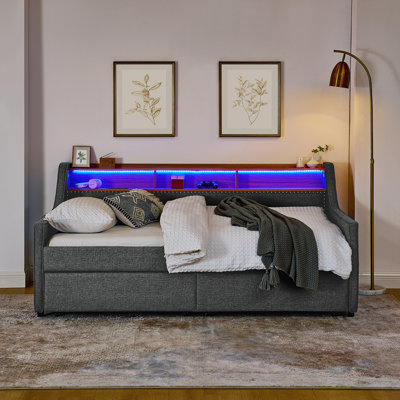 Twin Size Upholstery Sofa Bed with LED Lights, Storage, Adjustable Headboard, and Wireless Charging