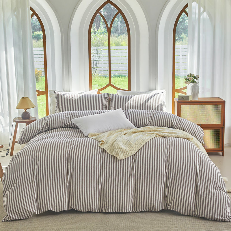 XINMIANFANG Striped Duvet Cover Set 100% Washed Cotton Linen Like Textured Bedding Set 3 Pcs Comforter Cover for All Seasons