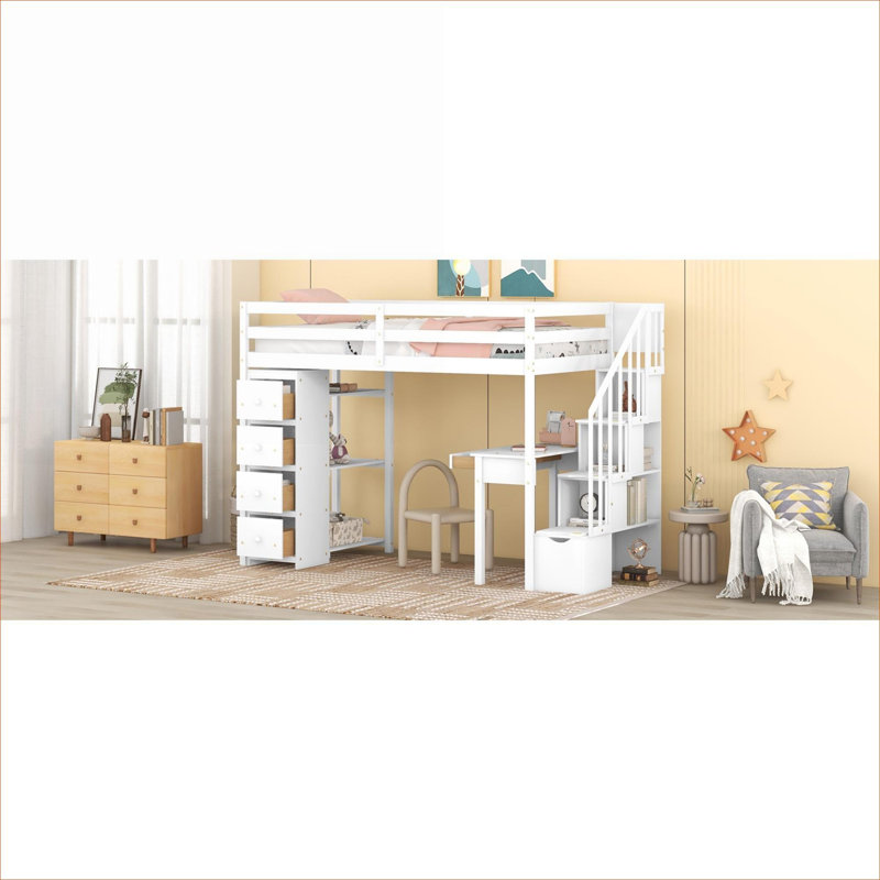 Lit plateforme en bois massif pour chambre d'enfant simple avec tiroirs de rangement intégrés, bureau et escalier
