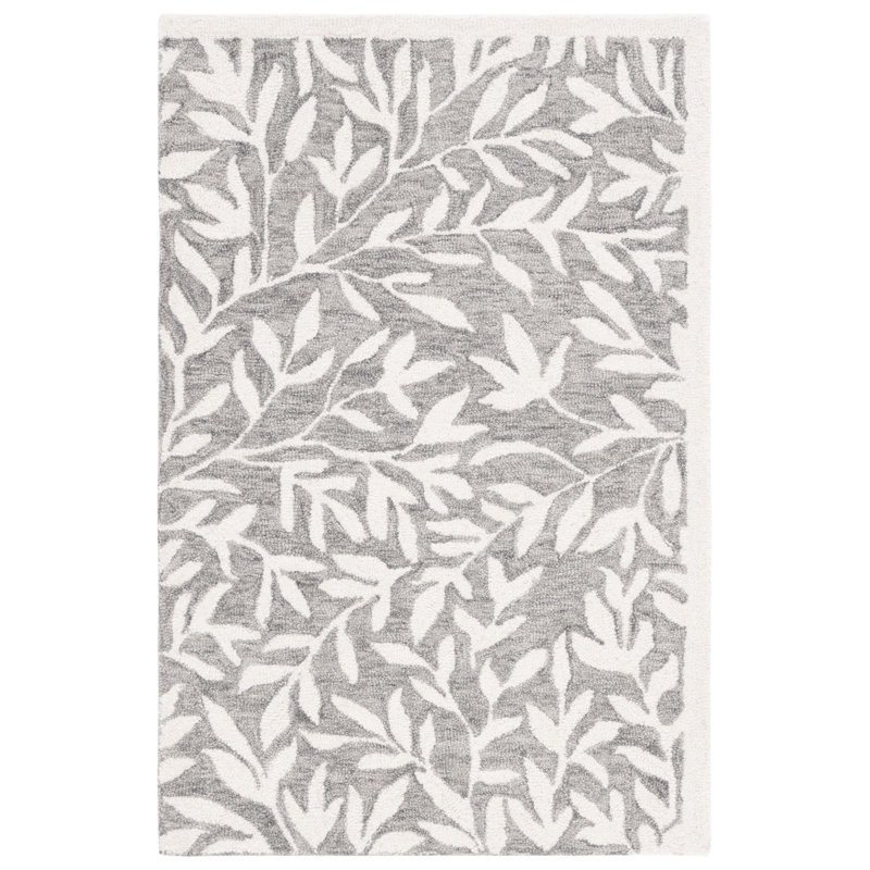 Tapis floral gris / ivoire en laine / coton touffeté à la main Ingurs, Rectangle 3 pi x 5 pi