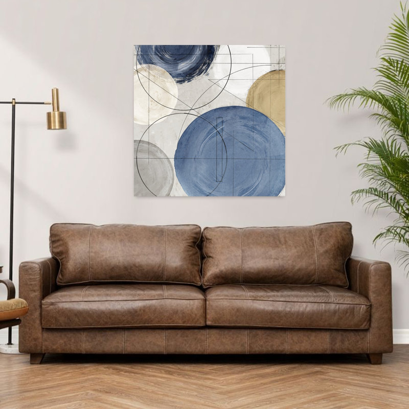 «Geometric Harmony» en bleu et or I, art mural contemporain abstrait, H 36 po x l 36 po