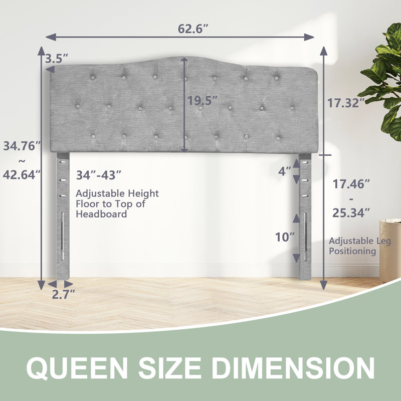 Linen Upholstered Headboard-Modern-Adjustable Height-Button Tufting, Gray, Queen