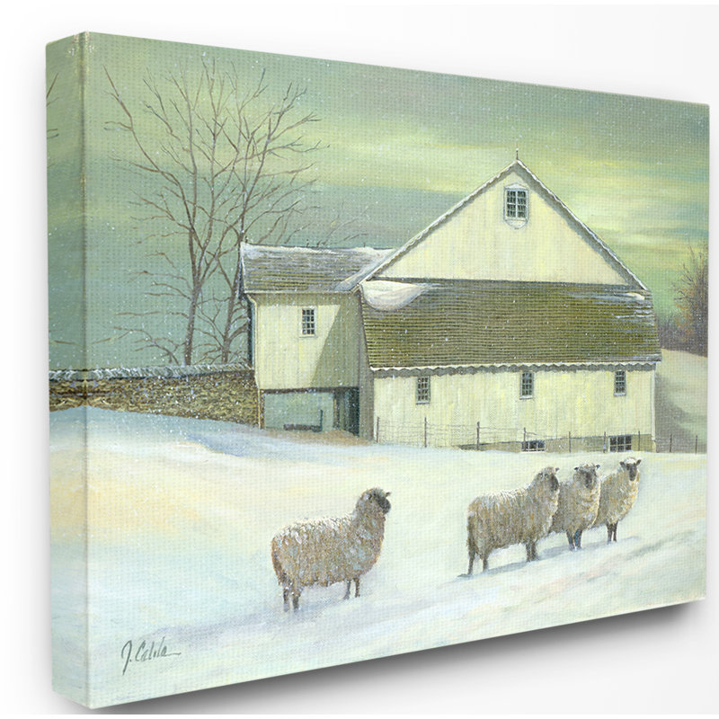 «Sheep in Front of The Farmhouse», peinture, Toile tendue, H 16 po x l 20 po x P 1,5 po