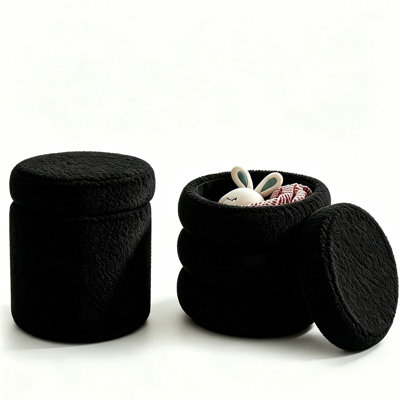 Round Ottoman with Storage Boucle Ottoman (Black)   Storage Removable Lid for Living Room Modern Vanity Sorage Stool Foot Rest Bedroom Set of 2