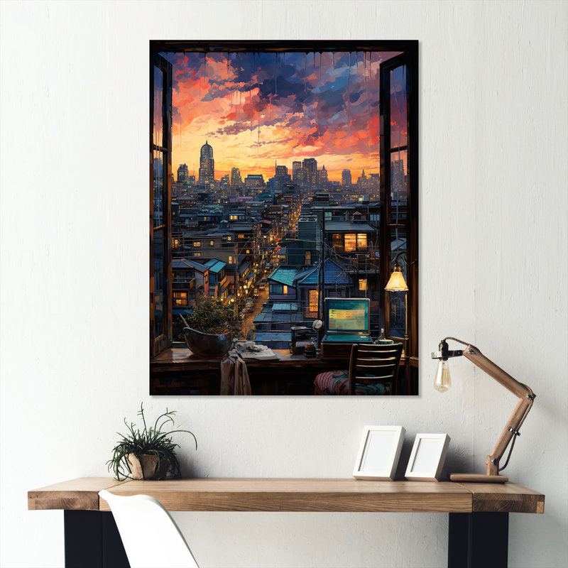 Coucher de soleil à Tokyo, fenêtre, vue II - Japon, art mural en métal, H 20 po x l 12 po x P 1 po