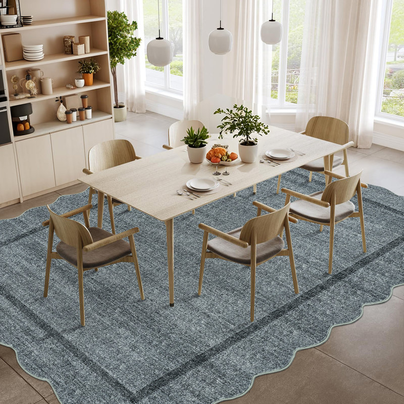 Scalloped Area Rugs Non-Slip Bordered Floor Mats, Non-Shedding Soft Low Pile Modern Accent Rugs, Washable Farmhouse Indoor Carpet for Living Room, Bedroom, Office