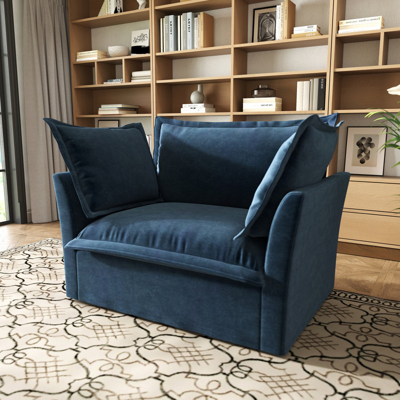 Chenille Armchair – Deep Seat, Detachable Cover & 3 Big Pillows – Comfy Single Sofa For Small Space, Blue Chenille