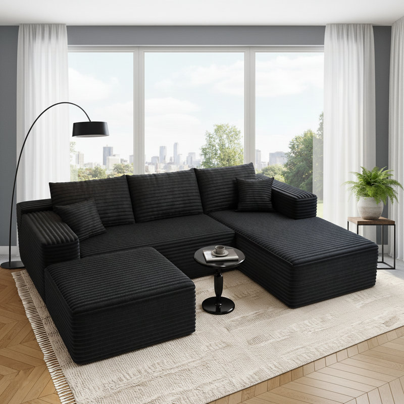 Canapé modulaire Boneless de 106 po avec méridienne en forme de U, canapé modulaire de droite pour le salon et le bureau personnel, canapé bricolage sans cadre avec assise profonde, canapé rembourré avec mousse à mémoire de forme (tissu velours côtelé, noir)