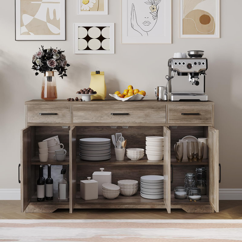 Buffet contemporain de 55 po à 4 portes, 3 tiroirs et tablettes réglables - Rangement polyvalent pour la cuisine, la salle à manger, le salon et le café - gris