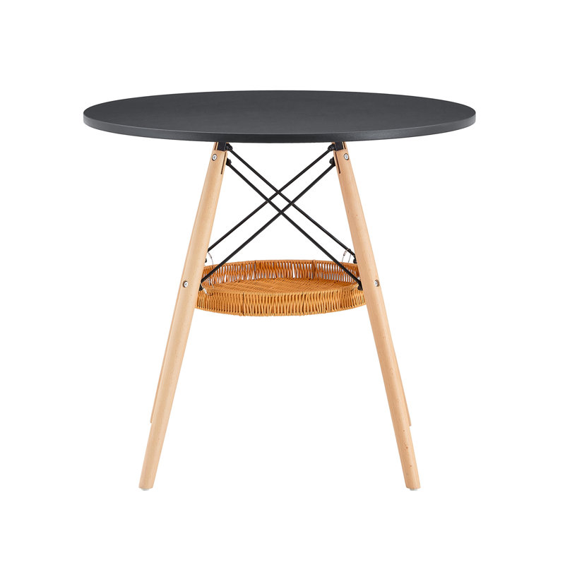 31.5-Inch Diameter Circular Dining Table, Black MDF Vacuum Formed Tabletop,  Wood Legs, With Suspended Woven Storage Basket Structure. A Casual Coffee Table Suitable For 2-4 People.