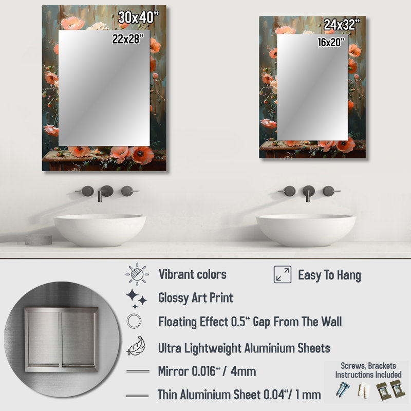 Pink Grey Poppies flowers still life Charm III - Poppies Decorative Wall Mirror, Traditional Mirror, Printed Metal Art