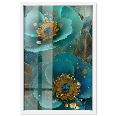 Décoration murale florale turquoise Aqua Luster Shadowbox par Art Remedy, cadre blanc, 37 x 55