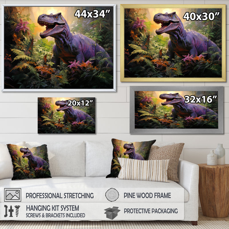 Dinosaure préhistorique dans la jungle - art de mur de dinosaure, Cadre d'angle fermé doré, H 12 po x l 20 po x P 1 po
