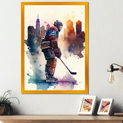 Joueur de hockey devant le paysage urbain I - Impression sur toile