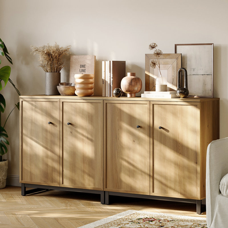 Buffet Storage Cabinet Set Of 2 With Metal Frame Base For Dinnig Room Living Room Entryway,Brown Oak, Oak