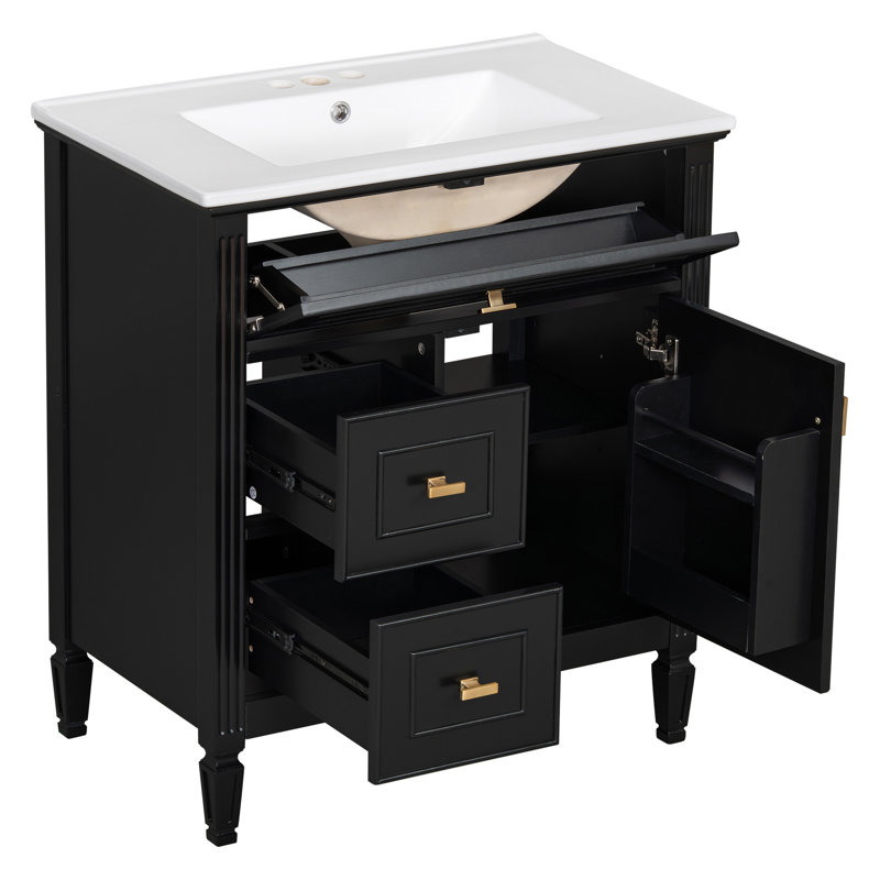 Meuble-lavabo de 30 po avec lavabo, meuble-lavabo avec un tiroir rabattable et deux tiroirs, tablette réglable, bois massif et panneau de fibres à densité moyenne