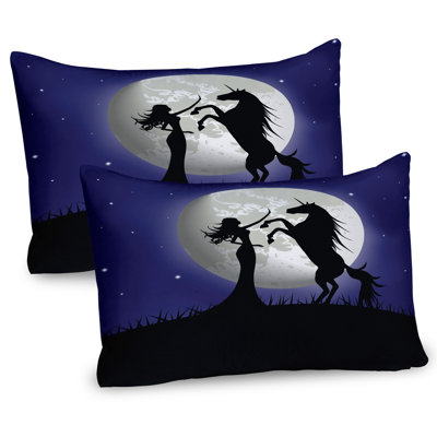 Ambesonne Horse Pillow Sham 2 Pack Rampant Horse and Girl Navy Blue and Charcoal