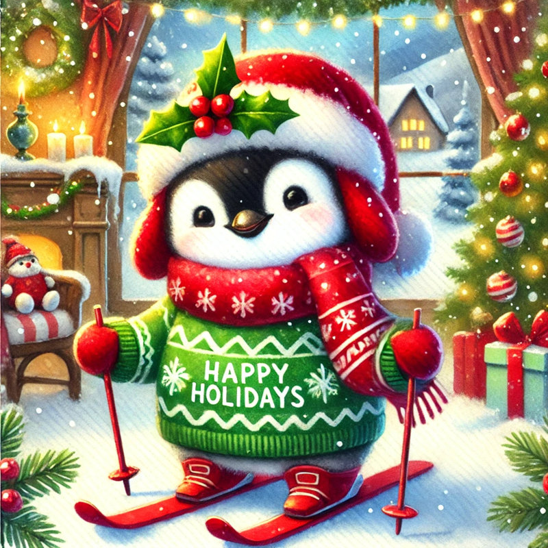 «Holiday Greetings: Festive Penguin on Skis», art mural sur toile, H 12 po x l 12 po