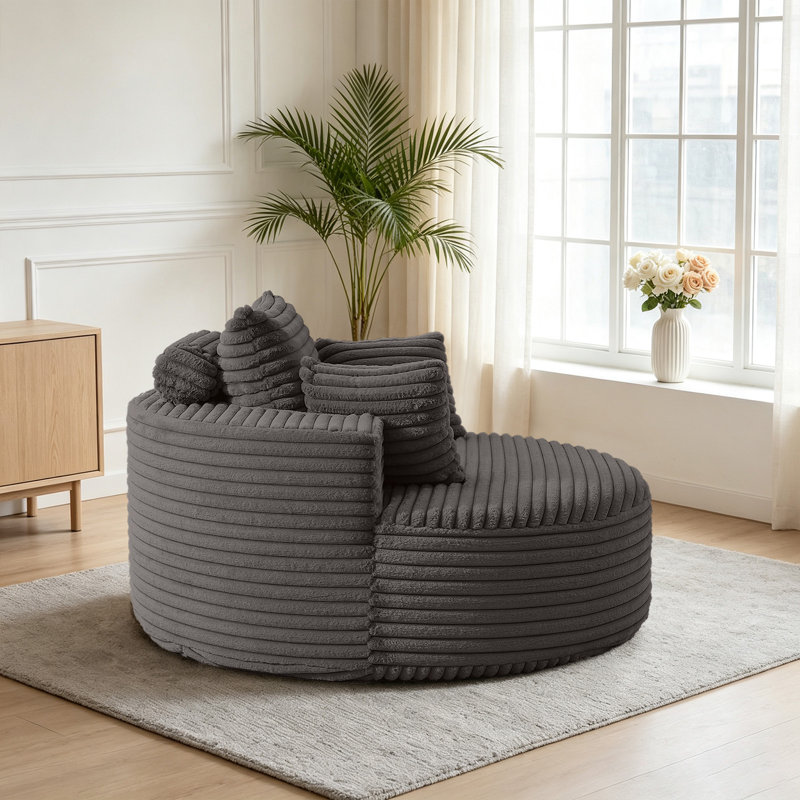 Fauteuil rond 55 po en velours côtelé pelucheux avec coussins décoratifs - gris, Gris