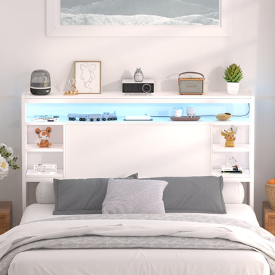 Storage Headboard With LED Lights And Charging Station by Wrought Studio