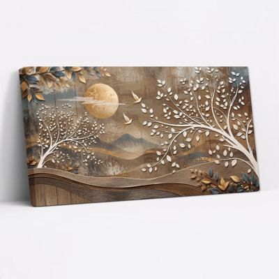 Tableau sur toile représentant des arbres blancs, des oiseaux et une lune dorée sur les montagnes