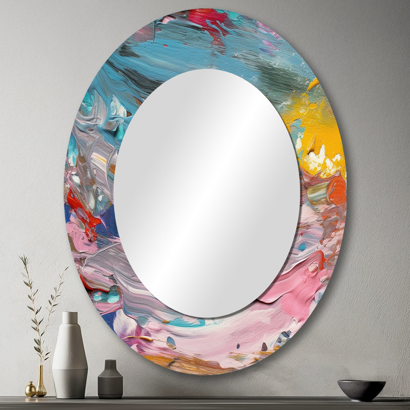 Summer Pastel Groove Abstract Expressionism I - Pink Oval Wall Mirror Decor, 43" x 33"