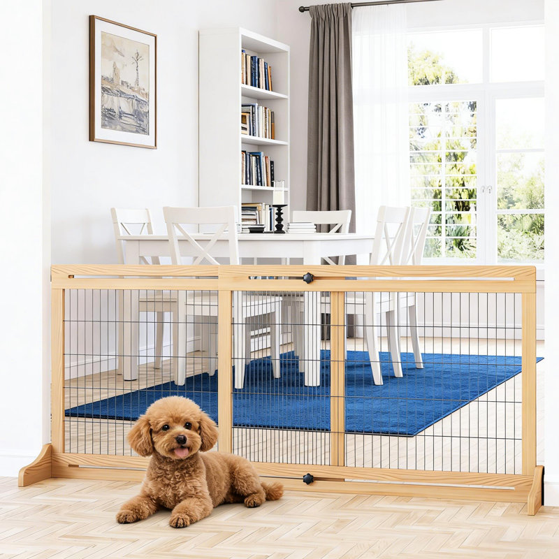 Barrière pour animaux autoportante, réglable de 104 à 180 cm, pour portes et terrasses. Cadre en pin et fil d'acier. Design moderne, installation facile. Largeur adaptée aux chiens de petite et moyenne taille. Facile à nettoyer.