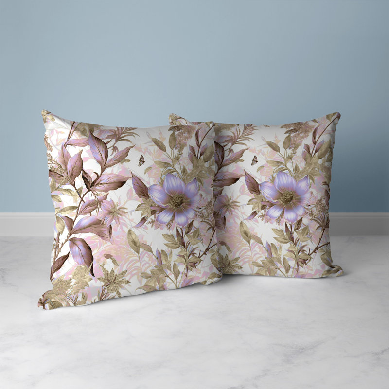 Pink and Gold Floral Faux Suede Square Throw Pillow