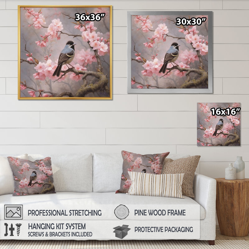 «Bluebird On Blossom Cherry I» sur toile, Cadre doré à une seule photo, H 30 po x l 30 po x P 1 po