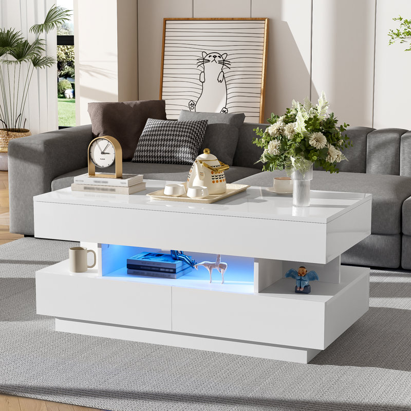 Table basse à plateau relevable avec rangement et lumières DEL, Blanc