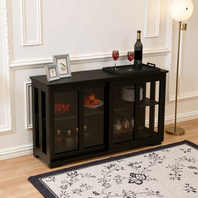 Vance 42" Kitchen Storage Cabinet with Sliding Glass Doors & Adjustable Shelves - Black