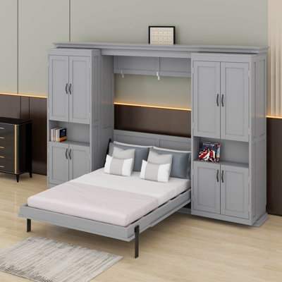 Lit double escamotable avec rangement, armoire escamotable dissimulée avec deux armoires de rangement coulissantes, deux tablettes latérales à 6 niveaux