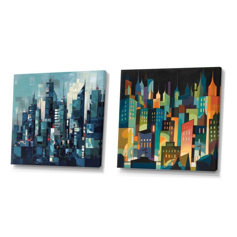 Bleu et vert Cityscape Essence - ensemble de 2 collages carrés, Toile tendue, H 30 po x l 61 po