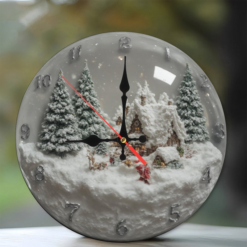 Boule à neige-Horloge-Avec-village-d'hiver