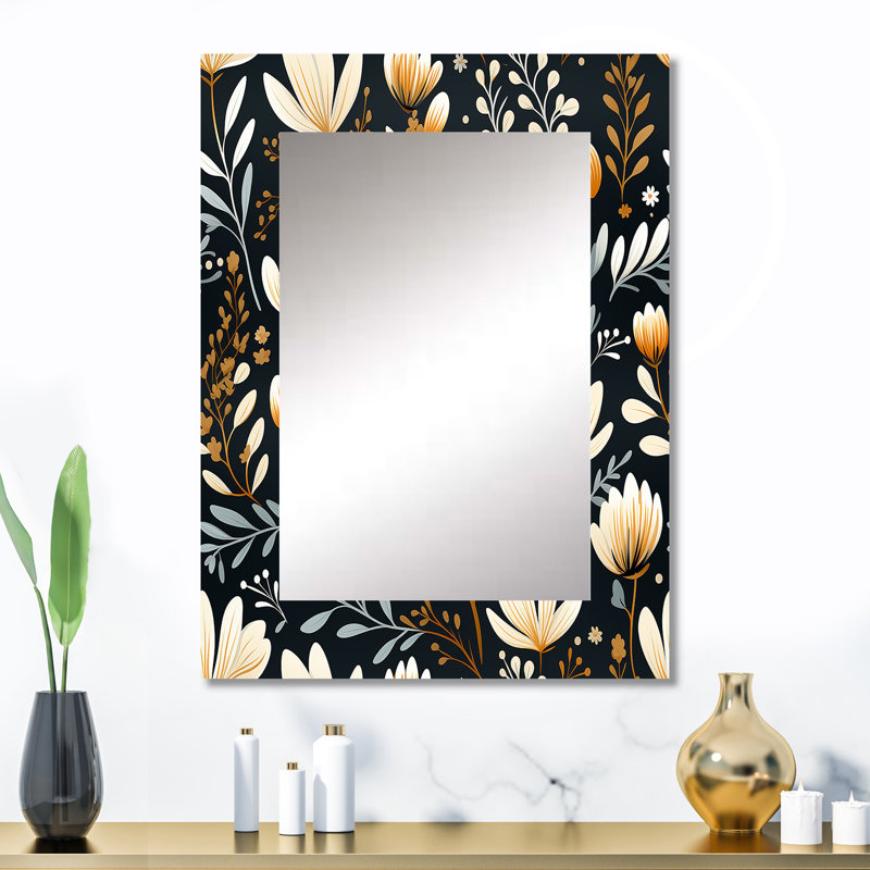 «Benetta», fantaisie florale rétro beige et noire - miroir décoratif floral, miroir mural floral, impression d'art en métal