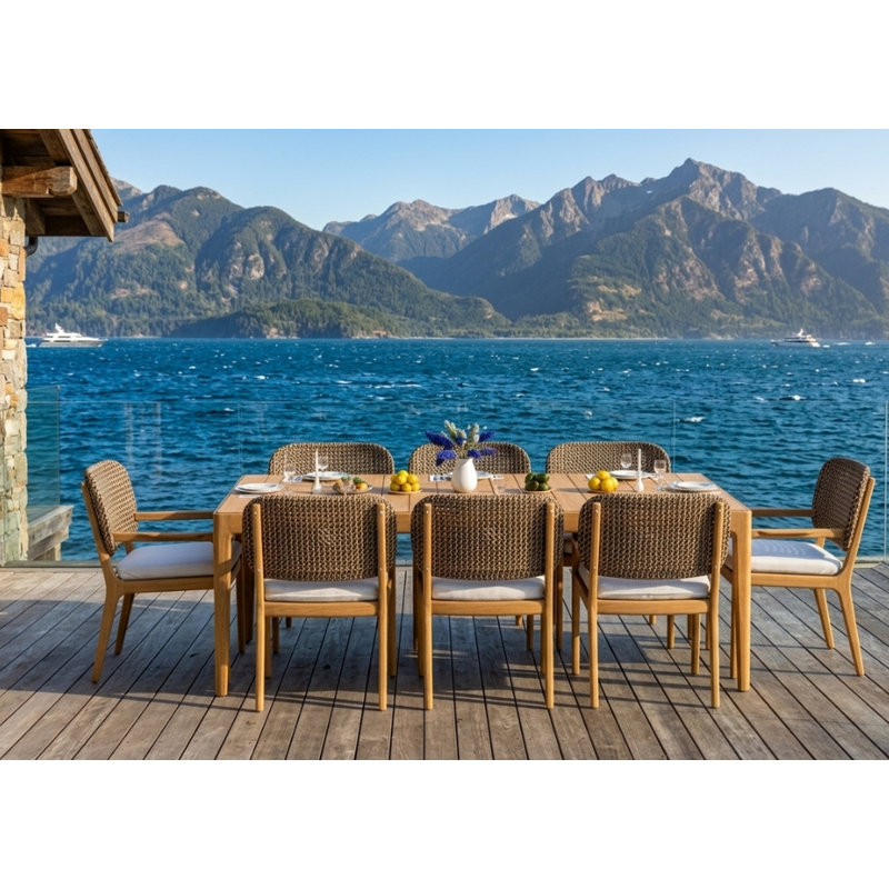 8 Seats 9 Pcs Grade-A Teak Wood Dining Set: 84" Amilo Rectangle Table And 8 Akyee Arm Chairs #11AK3008, 8