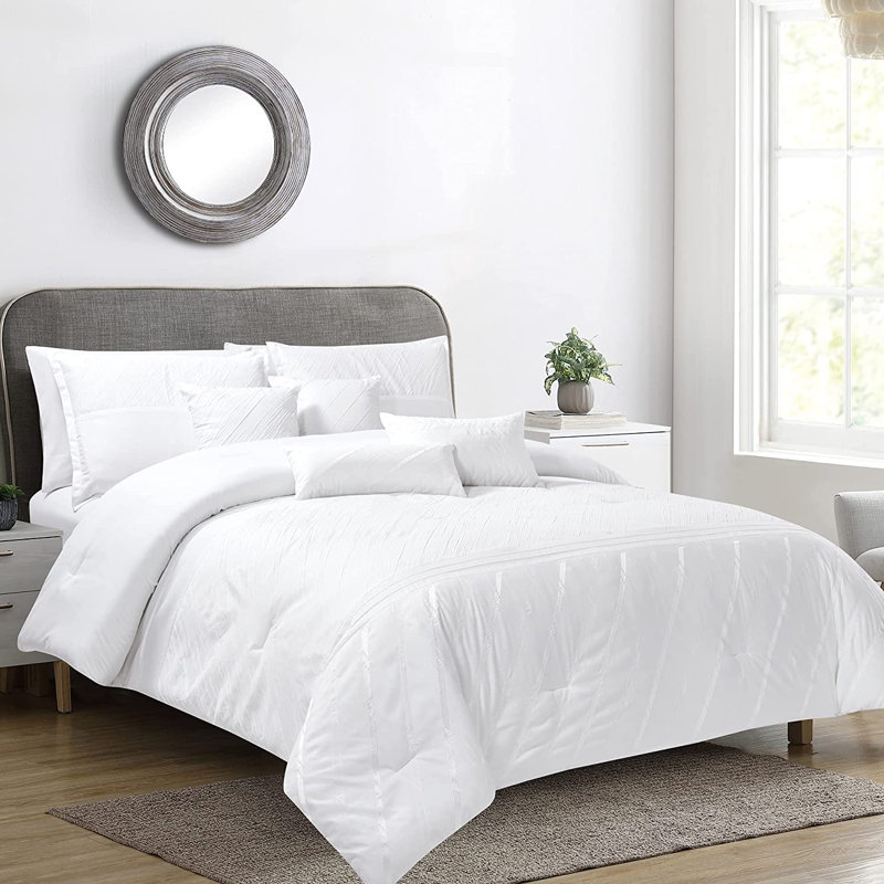 Sara 7-Piece Textured Geometric Embroidery Comforter Set, Full Comforter + 4 Throw Pillows