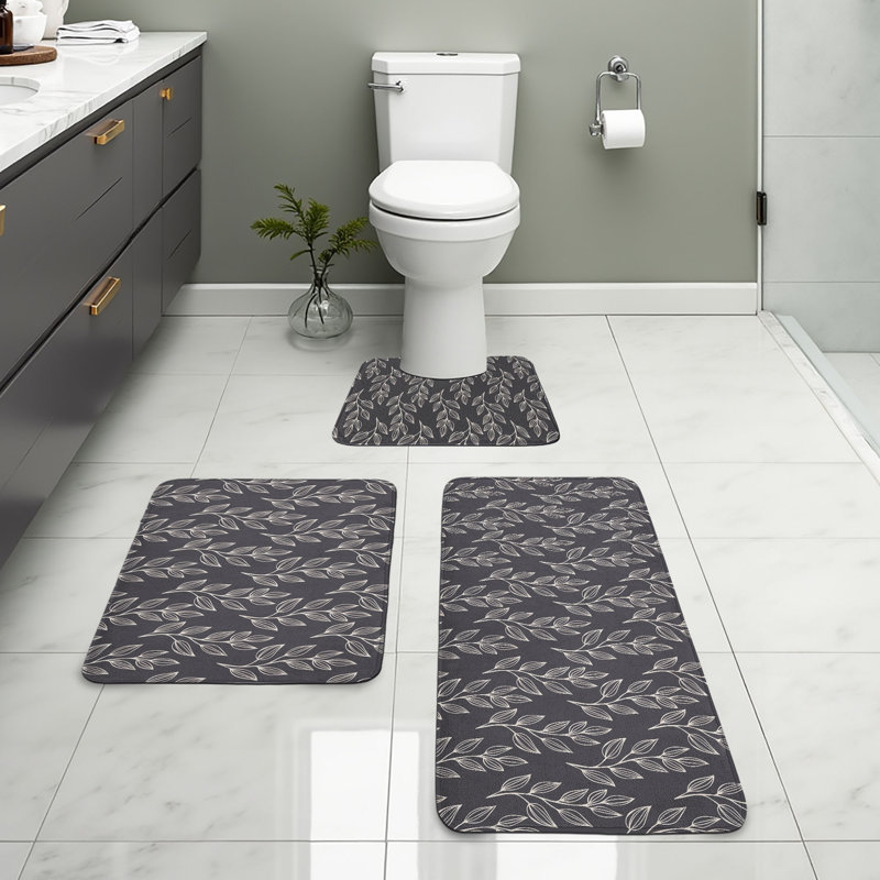  Ensemble de 3 tapis de salle de bain à motif de feuilles en U et de tapis rectangulaires bleu foncé et gris champagne