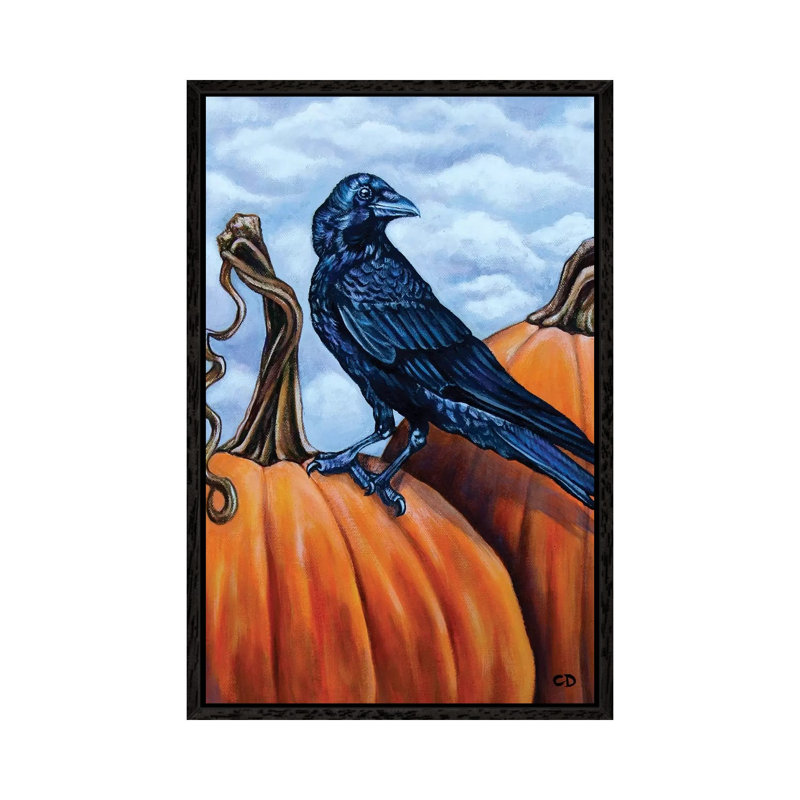 Crow With Pumpkins by Cyndi Dodes - Painting on Canvas, 101.6cm H x 66.04cm W x 3.81cm D, Black Framed