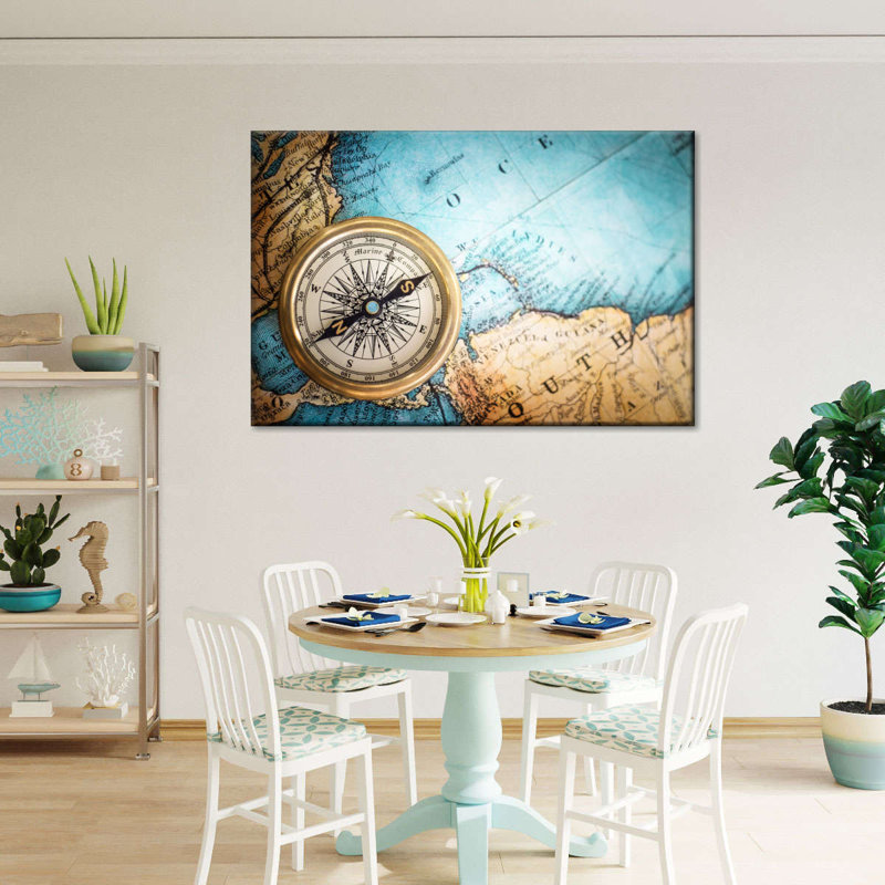 Boussole en métal sur toile, H 32 po x l 48 po x P 1,25 po