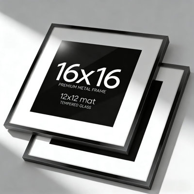 16X16 Black Metal Picture Frame Set Of 2 With 12X12 White Mat And Tempered Glass, Modern Thin Square Poster Frame With Wall Hanging Kit