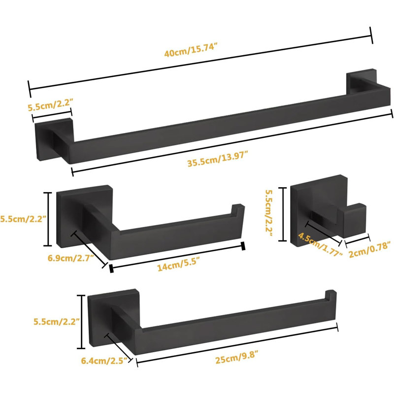 4-Piece Modern Square Stainless Steel Bathroom Hardware Set With Towel Bar, Rack, Holder, And Toilet Paper Holder (16-Inch)