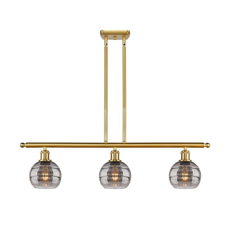 Luminaire suspendu pour îlot de cuisine à 3 lumières Chartoff, Or satiné, Gris fumée clair